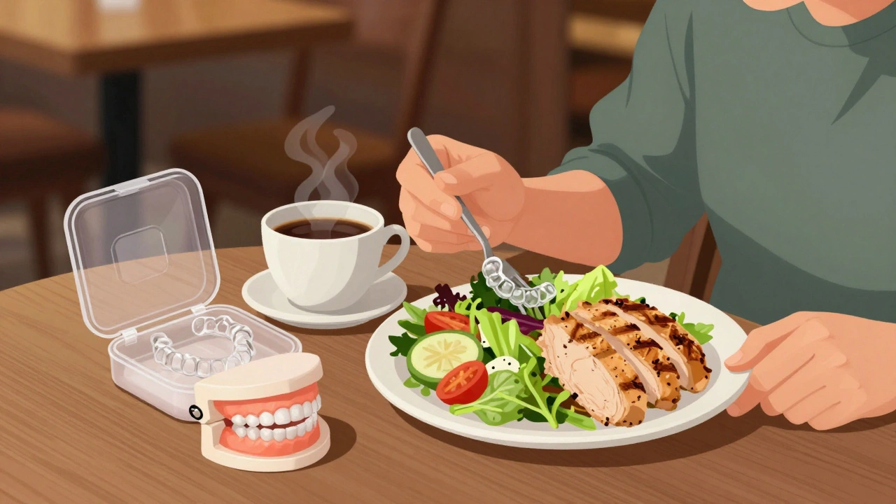 Osoba jí svačinu v kavárně, zatímco neviditelná rovnátka leží v krabičce vedle talíře.