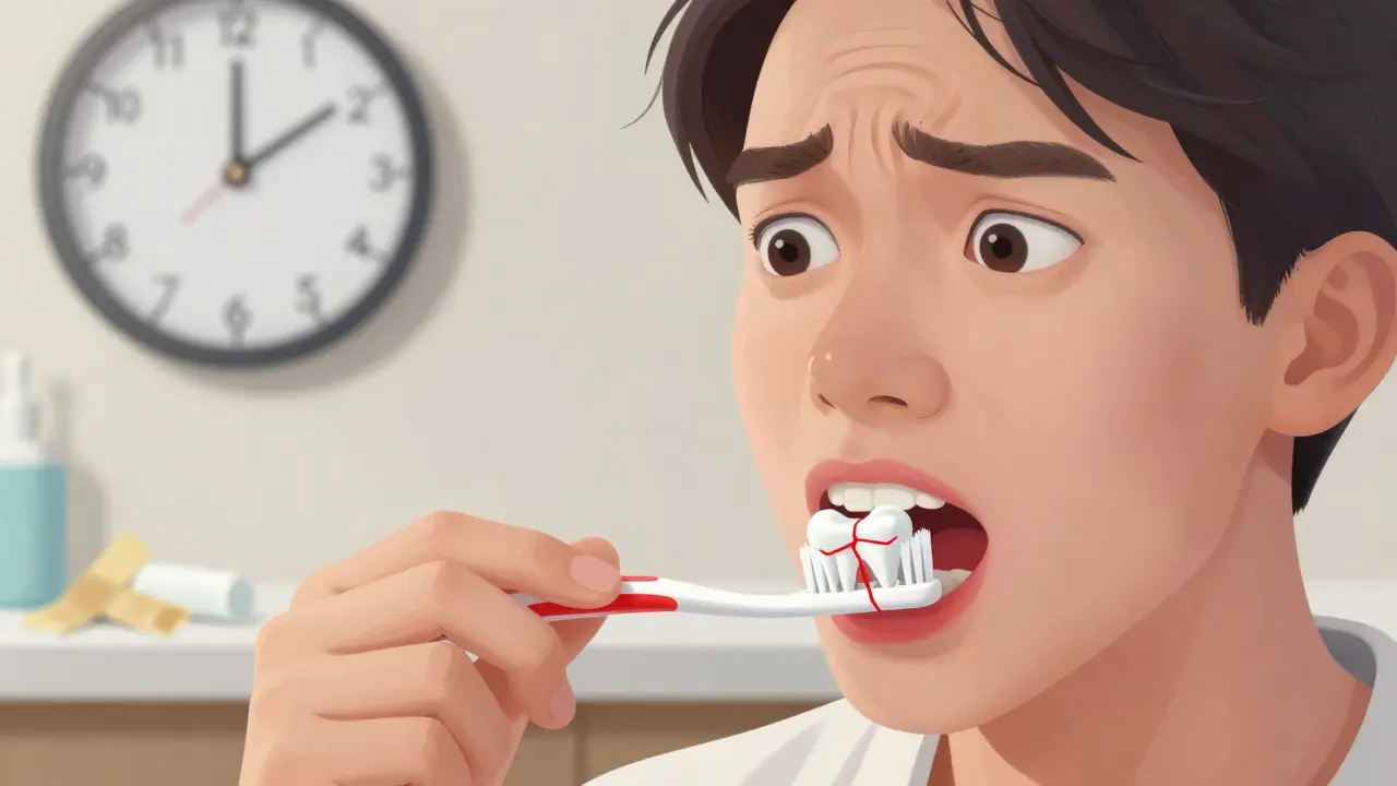 Osoba se zájmem dívá na zub s červenou varovnou čárou, symbolizující nebezpečí.