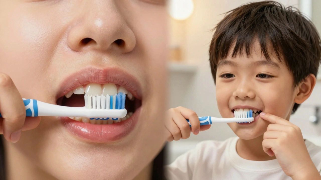 Osoba tlačí příliš silně rotačním kartáčkem, zatímco dítě používá sonický kartáček jemně a bez tlačení.