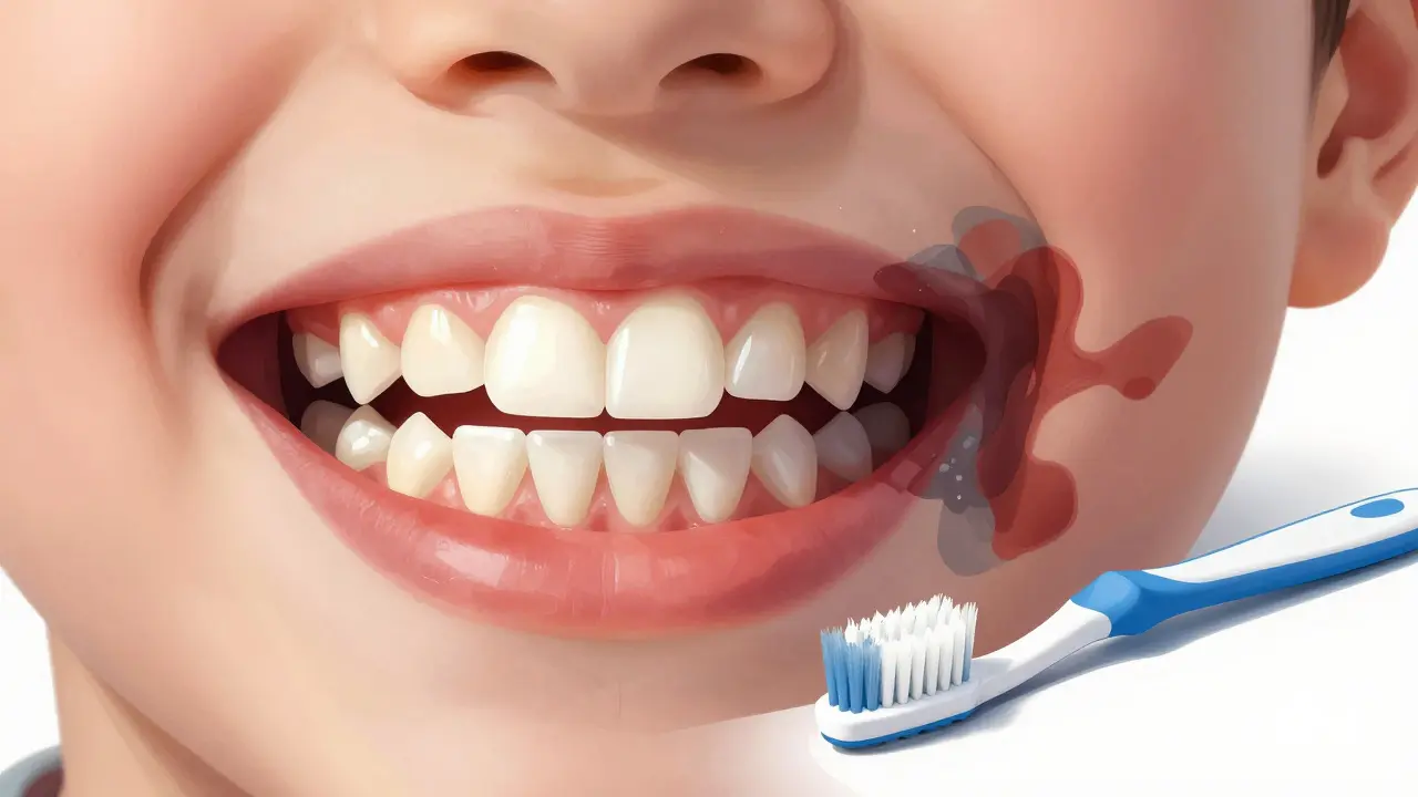 Porovnání zdravých a nemocných úst: čisté zuby a dásně naproti nepravidelnému nádorovému výrůstku pod dásní.