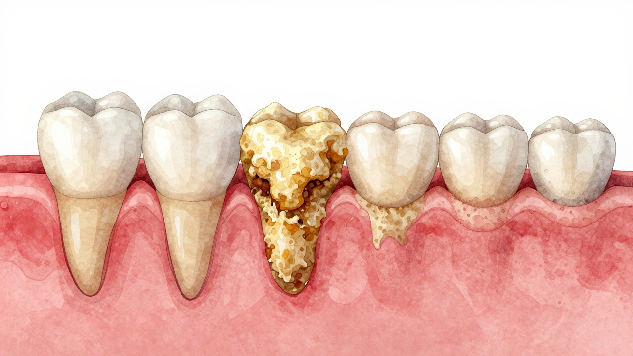 Postupné tvorba zubního kamene na povrchu zubu a u dásní.