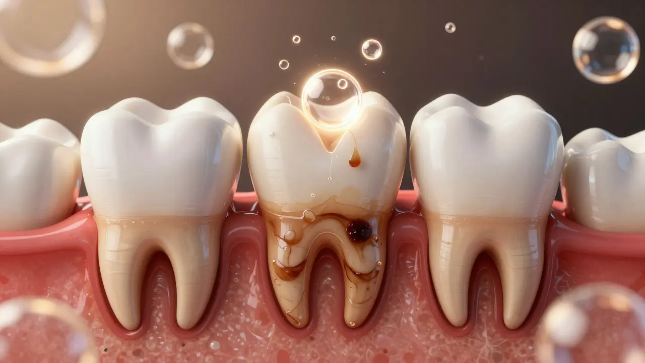 Příčný řez zubem ukazující, jak bělící látka rozkládá tmavé skvrny uvnitř smaltu.