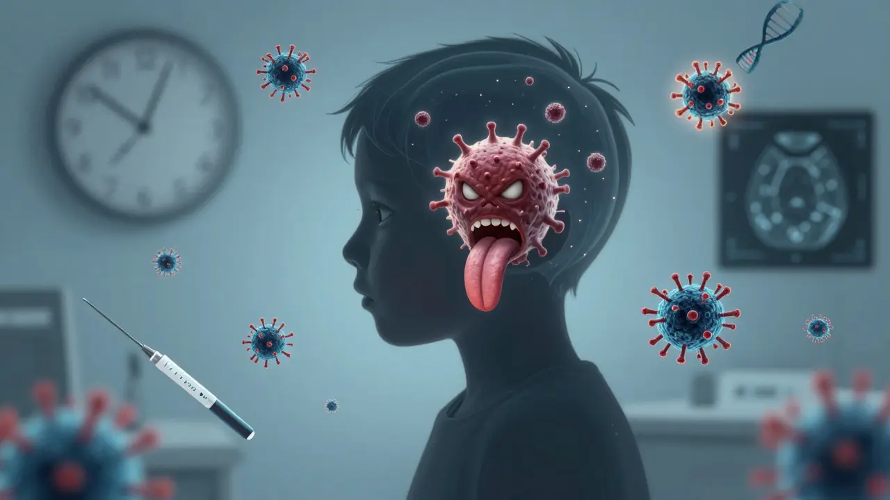 Průhledný obraz dítěte s nádorem pod jazykem a virovými částicemi, symbolizující skrytou příčinu rakoviny.