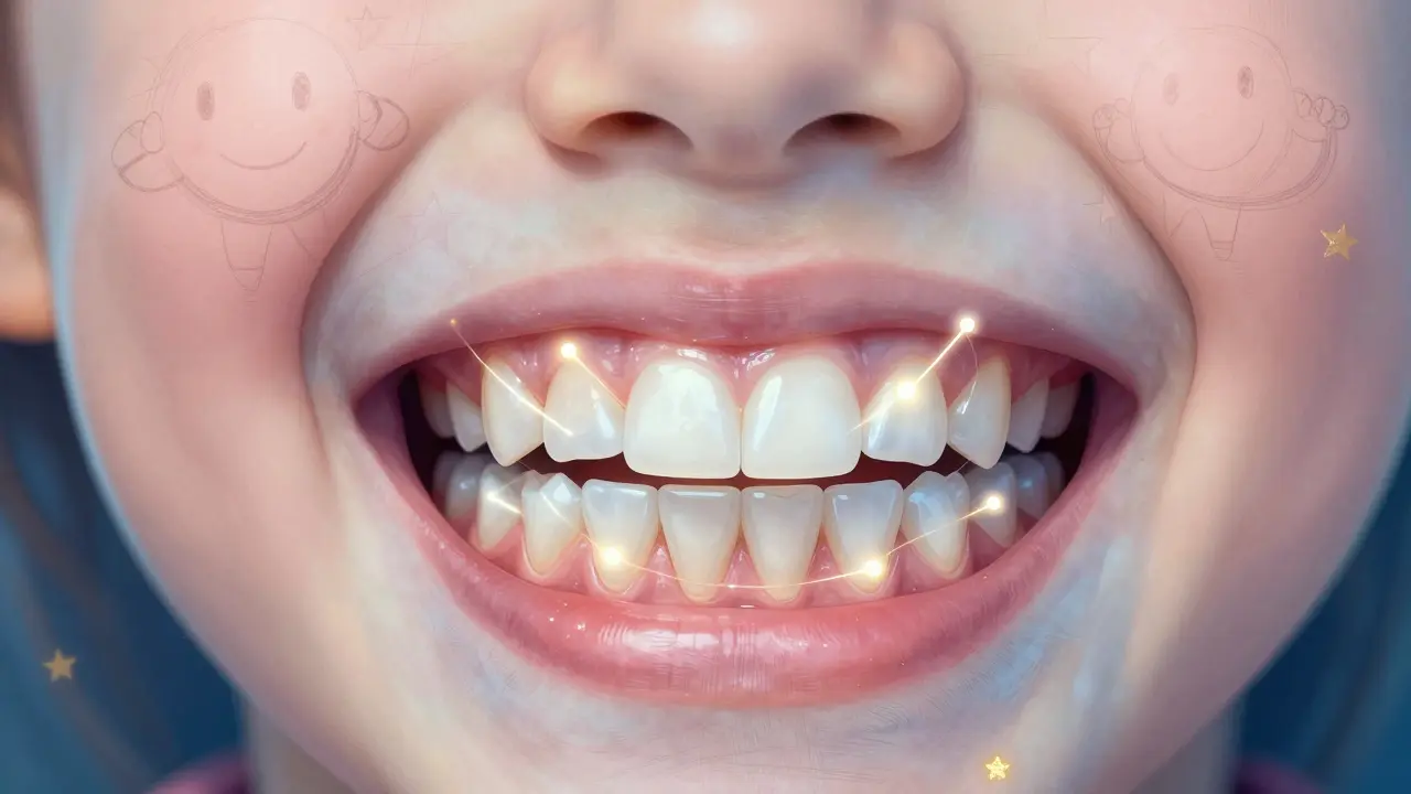 Průřez dětského ústního ústrojí ukazující mléčné zuby jako vodítko pro trvalé zuby pod nimi.