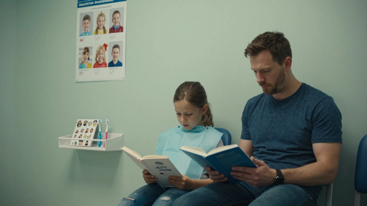 Rodič čte dítěti knížku v čekárně dětského zubaře, na stěně je graf s výhodami pravidelných návštěv.