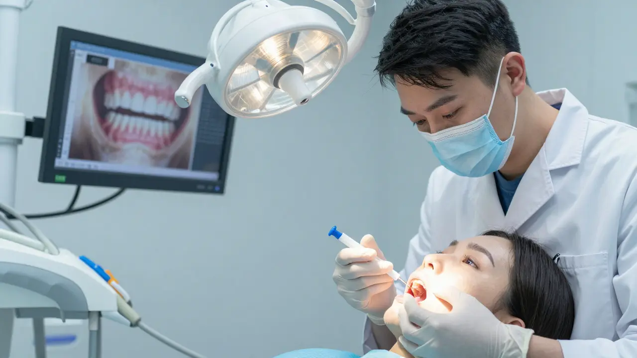 Stomatolog aplikuje bělící gel do úst pacienta v klinice pod osvětlením.