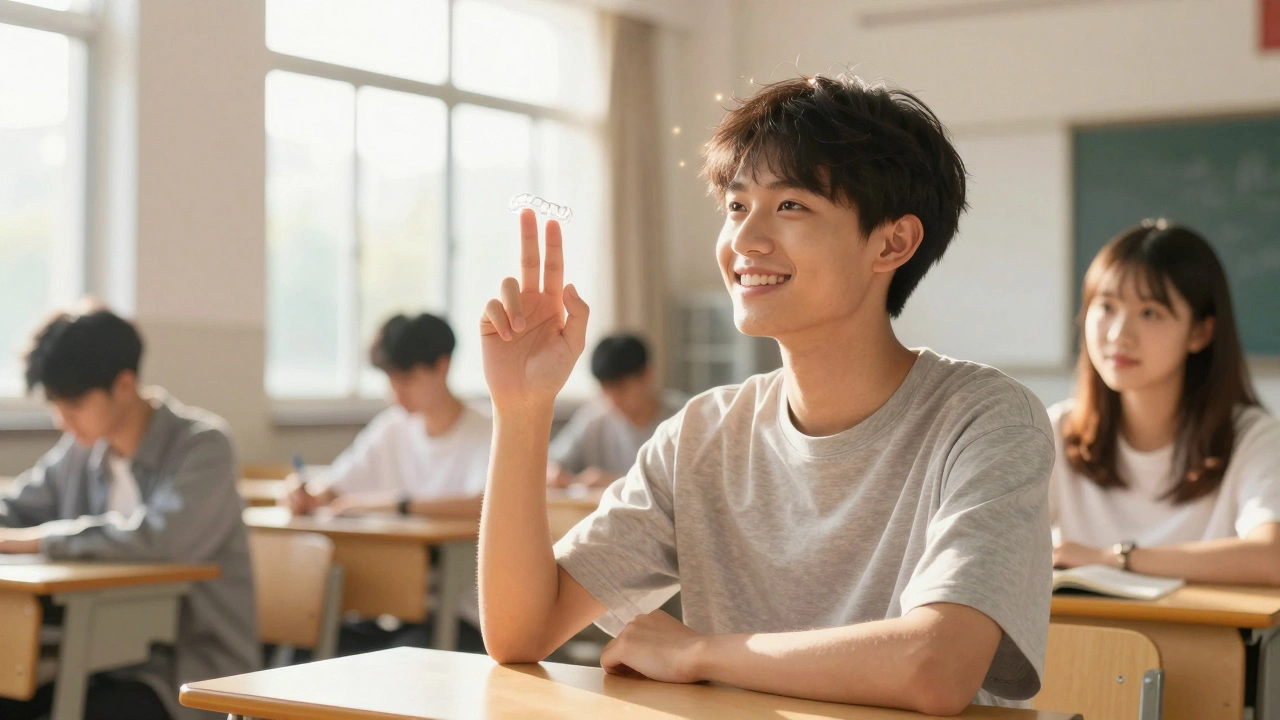 Studentka s průhlednými rovnátky odpovídá na přednášce, sluneční světlo, jistý úsměv.