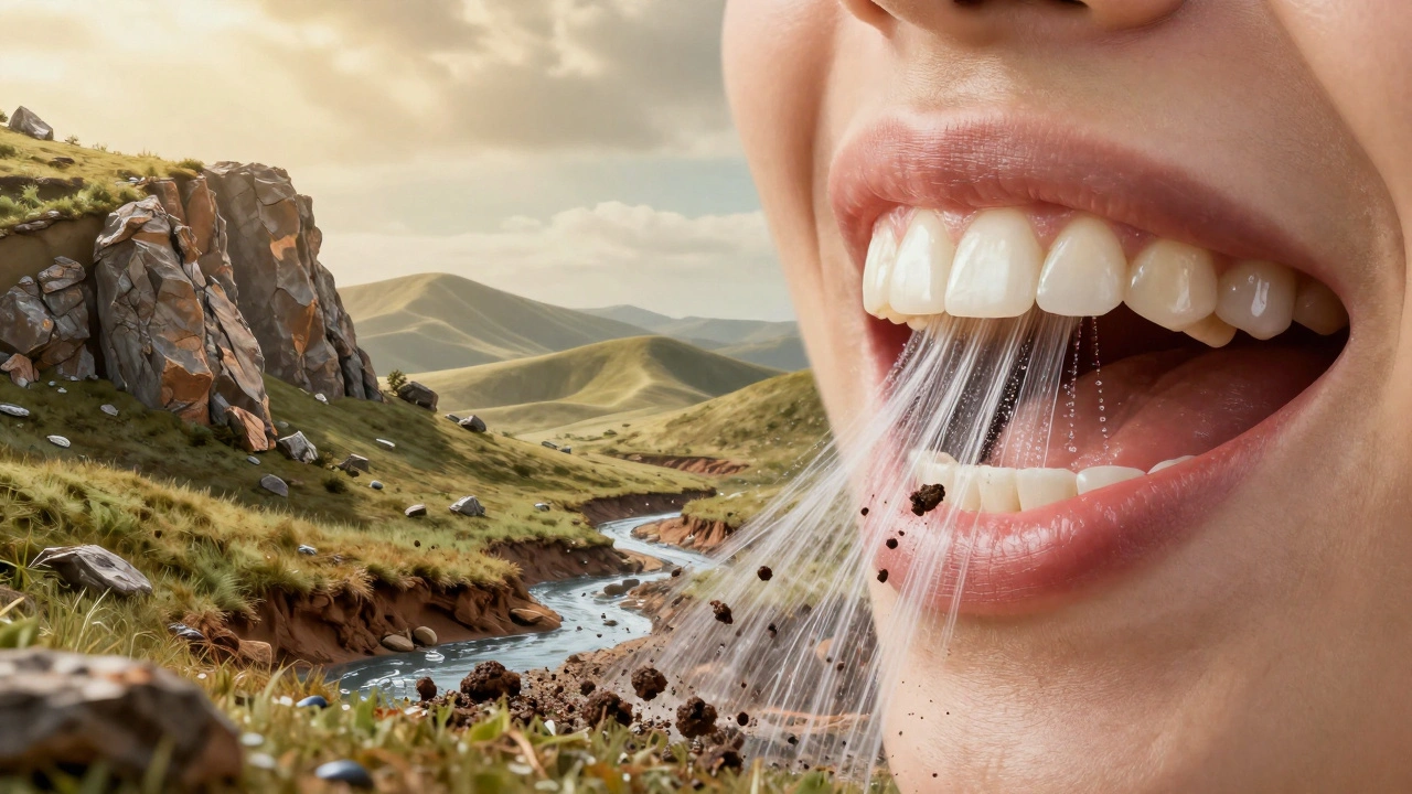 Surreální představa úst jako krajiny, kde čistící proud odstraňuje nečistoty.