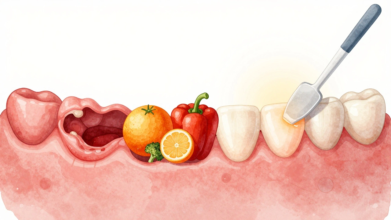 Zánětlivé dásně se mění v zdravé pod vlivem vitamínů a odborné péče.