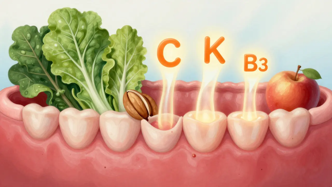 Zdravé a zánětlivé dásně s proudy vitamínů proudících z potravin do tkáně.