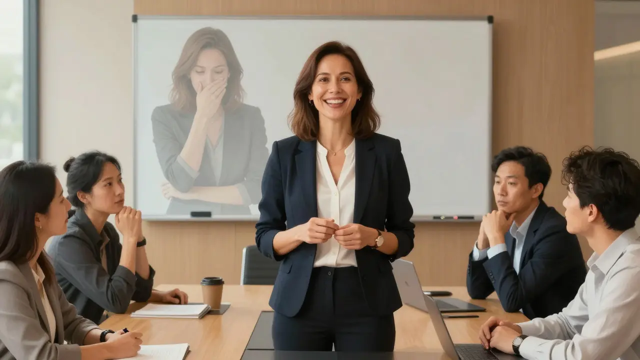 Žena mluví v konferenční místnosti s otevřeným úsměvem, zatímco její dřívější sebevědomí je vidět jako průhledná stínová podoba.