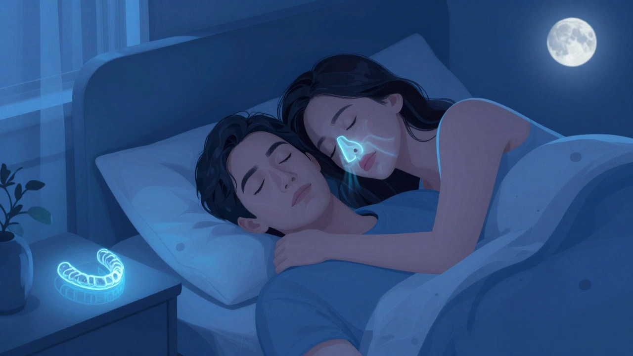 Žena spí klidně, na nočním stolku leží průhledné rovnátka.