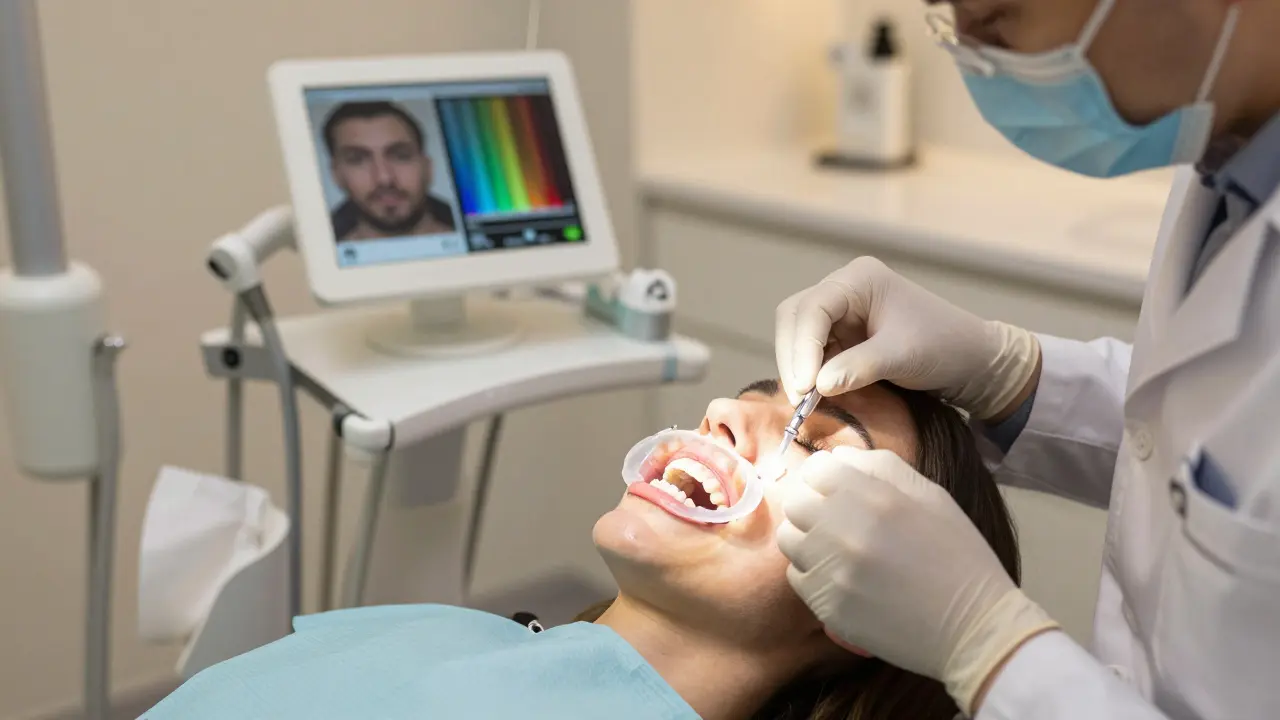 Zubní lékař aplikuje domácí systém na zuby pacienta v ordinaci v Ostravě.