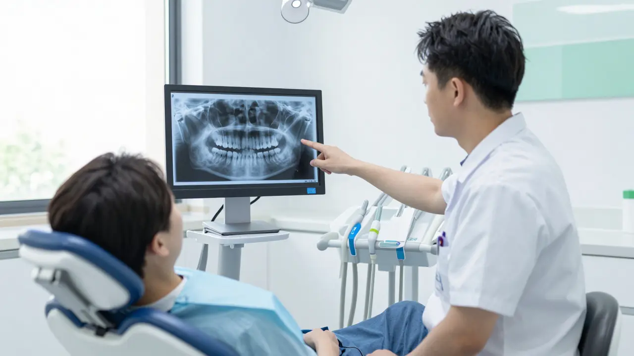 Zubní lékař ukazuje na rentgenový snímek poškozeného zubu.