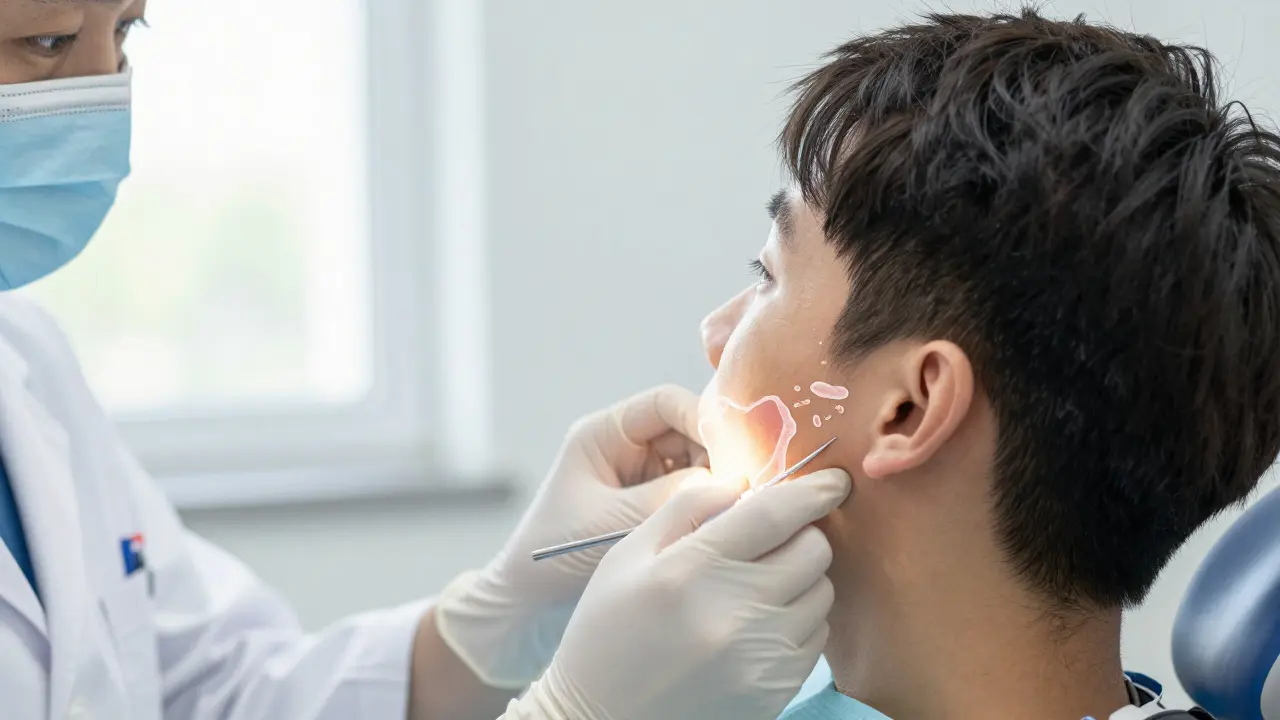 Zubní lékař vyšetřuje pacienta, který má problémy se sluchem.