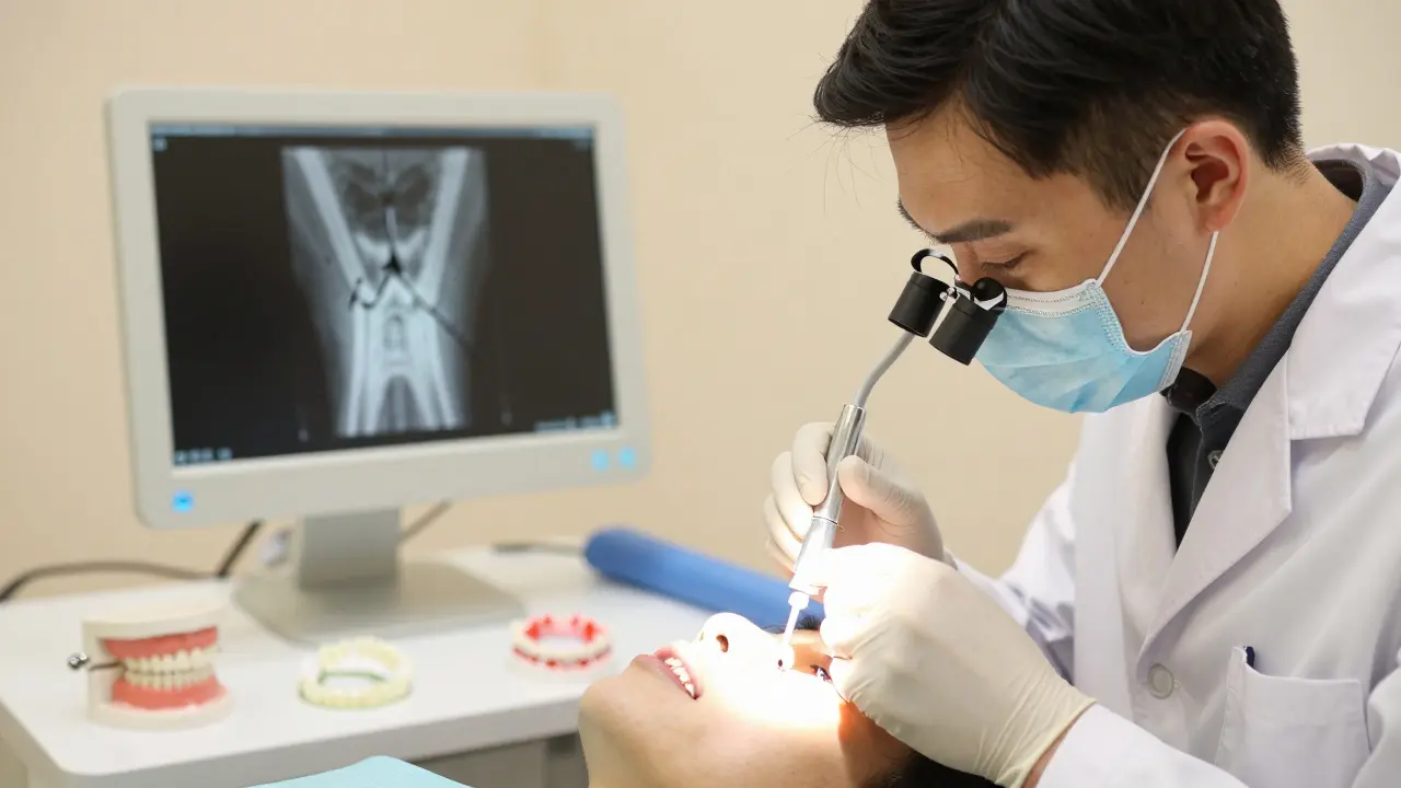 Zubní lékař vyšetřuje zub s lupou, na pozadí rentgenový obrázek s prasklinou.