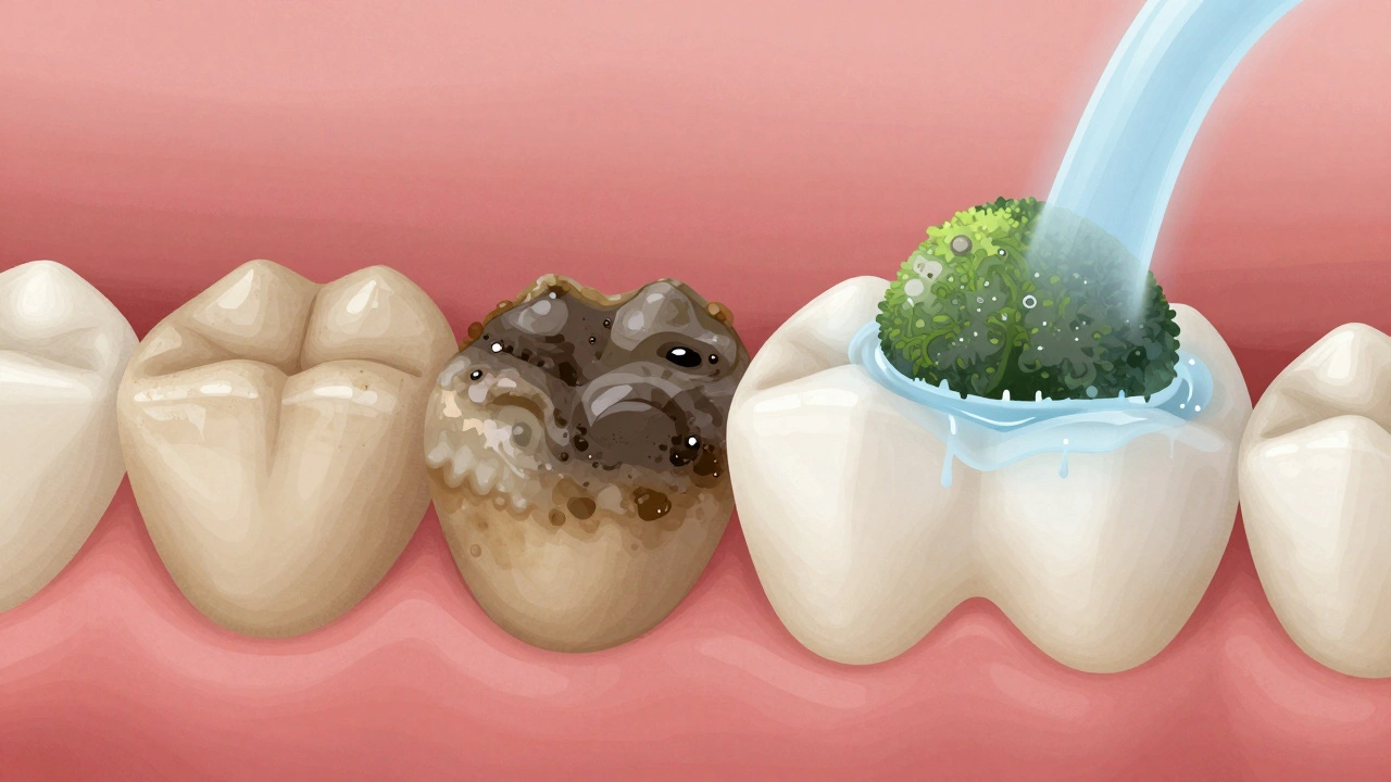 Zvětšený pohled na zub s odstraněným plakem a zubním kamenem, jako by byl kámen omytý vodou.