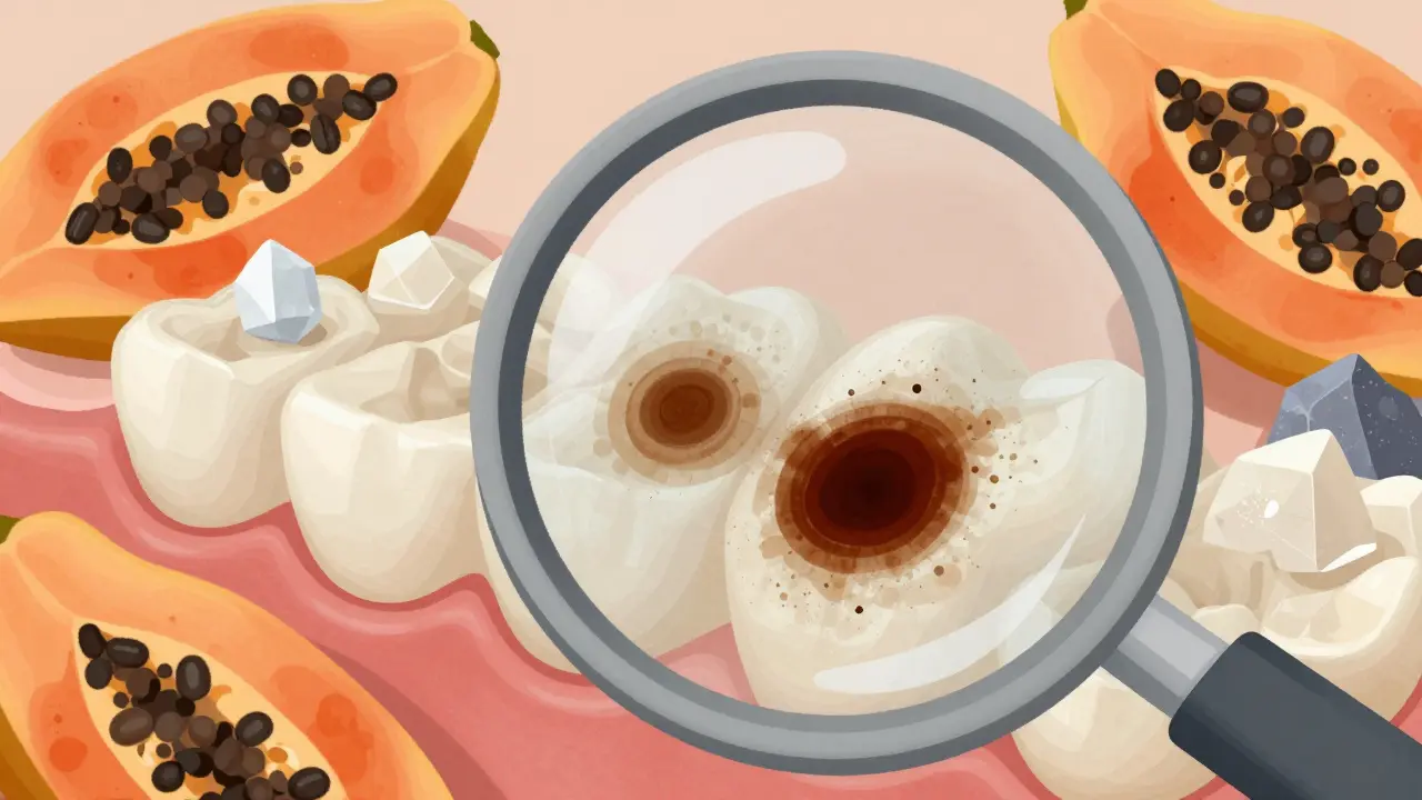 Zvětšený pohled na zubní sklovinku, kde jemné částice odstraňují skvrny bez poškození.