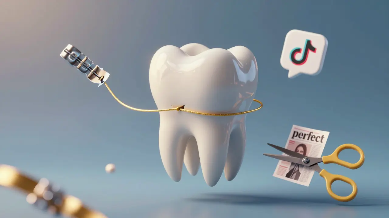 A floating tooth with a deliberate gap, surrounded by symbols of fashion, rebellion, and dental transformation.