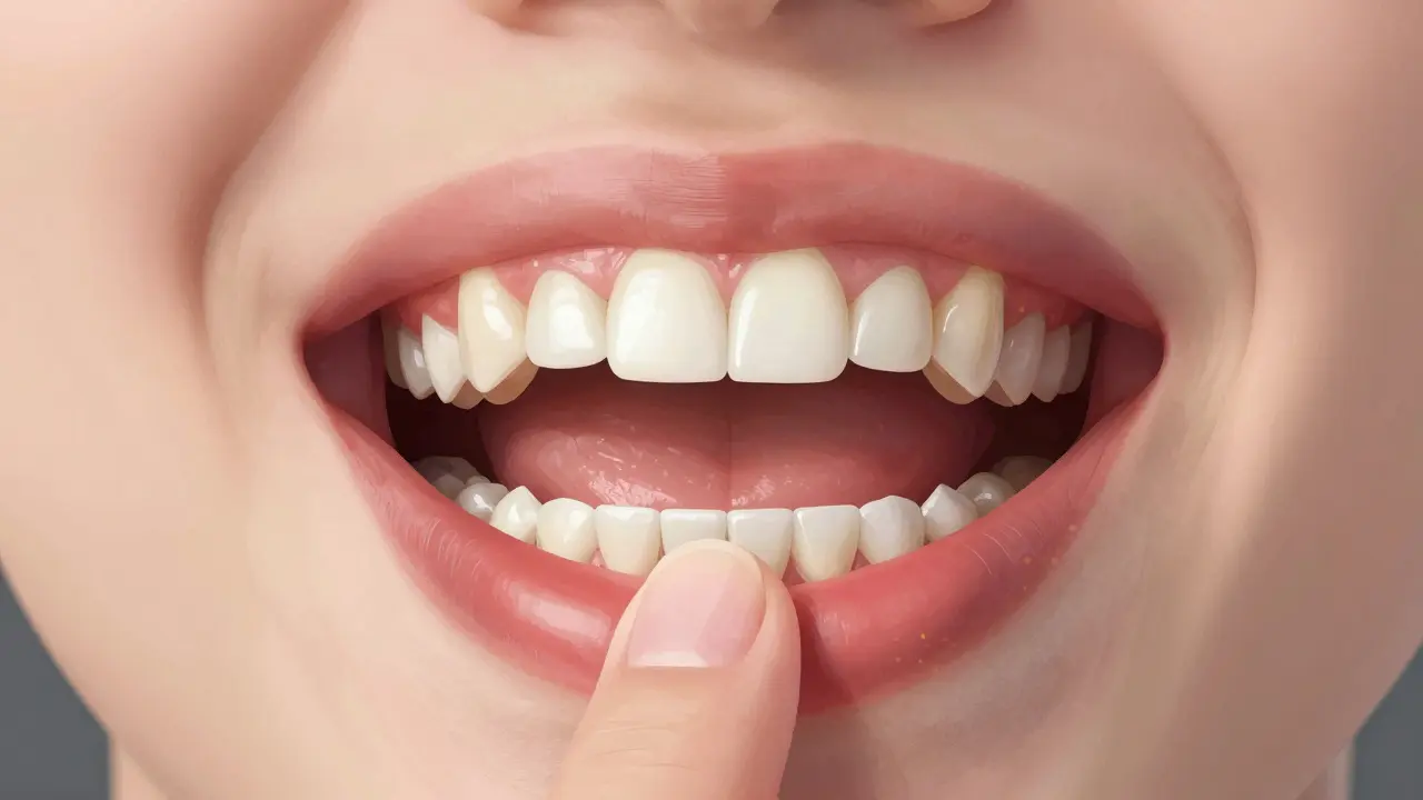 Anatomický náčrt mezery mezi zuby způsobené příliš dlouhým ústním blánou.