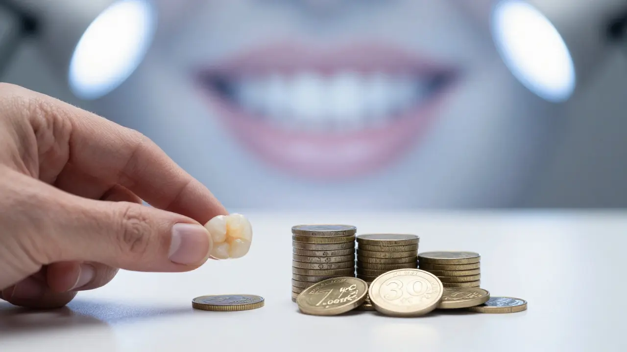 Composite veneer next to price tags, with a faint smile in the background.