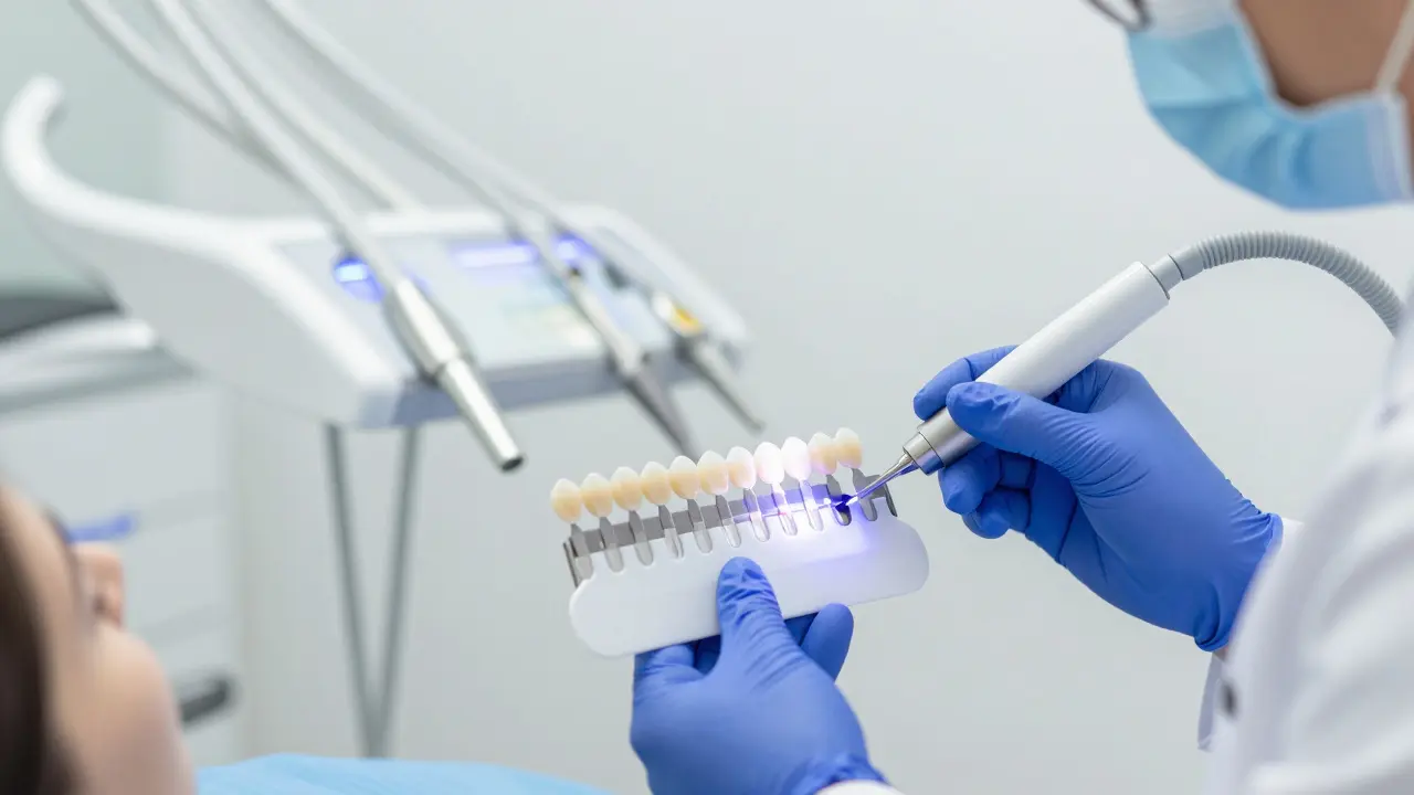 Dentista vybírá barvu plomby podle zubů pacienta pomocí barevné škály.