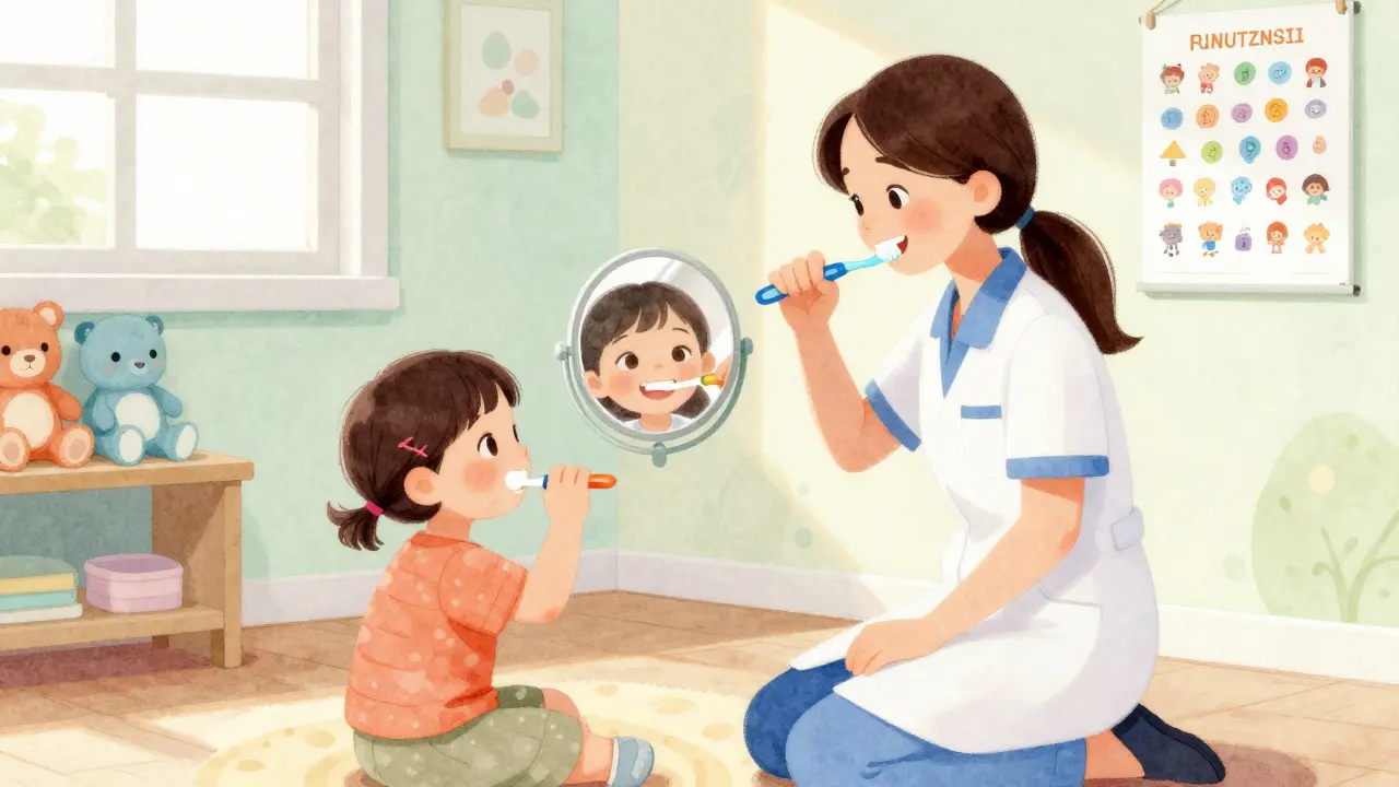 Dětská hygienička ukazuje dítěti, jak čistit zuby pomocí zrcátka a barevné kartáček v přátelském prostředí.