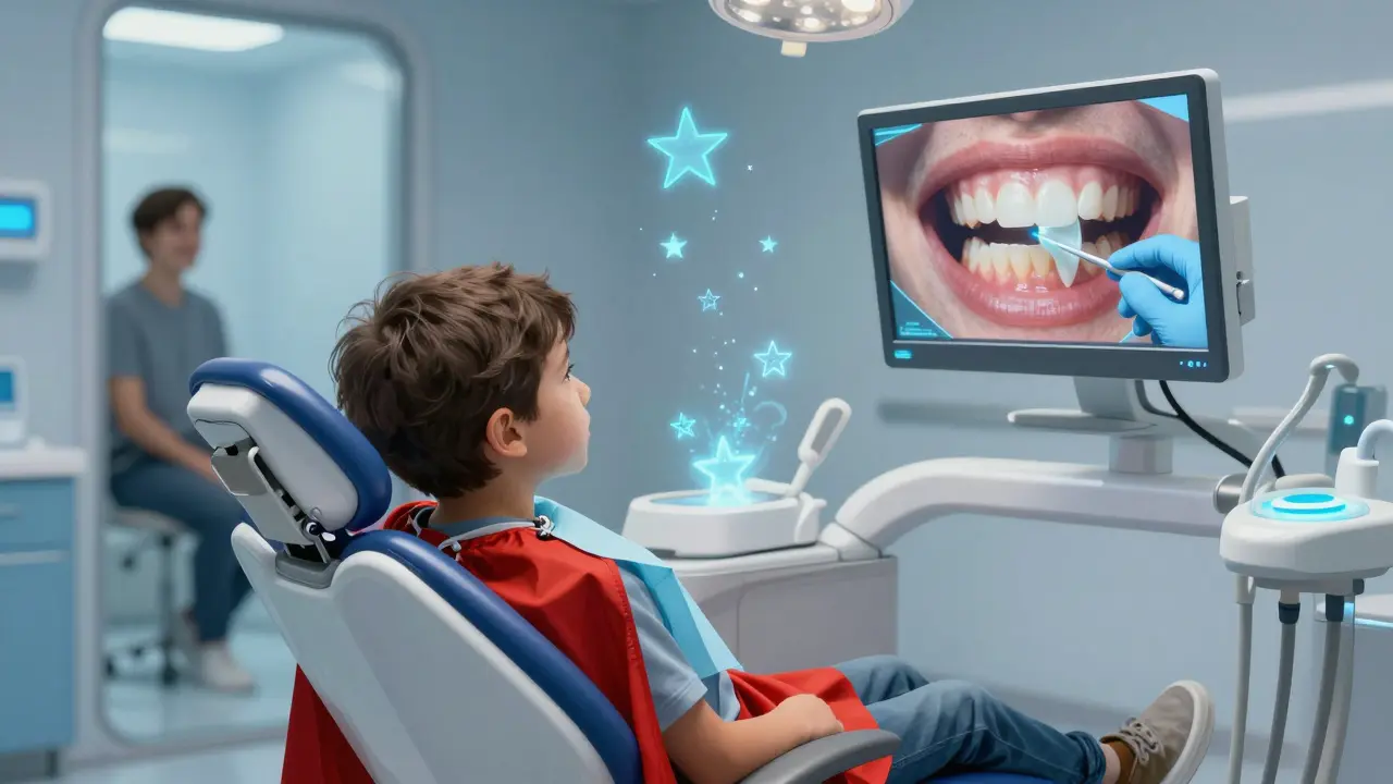 Dítě sleduje své zuby na monitoru během prohlídky, zatímco lékař ukazuje na čistý zub v klidném, moderním prostředí.