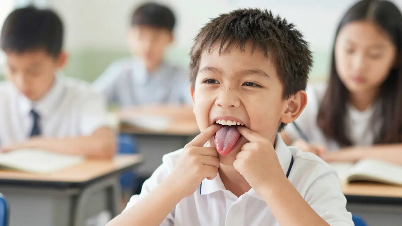 Dítě tlačí jazykem na zuby, zatímco kolem něj plávají stíny posměchu.