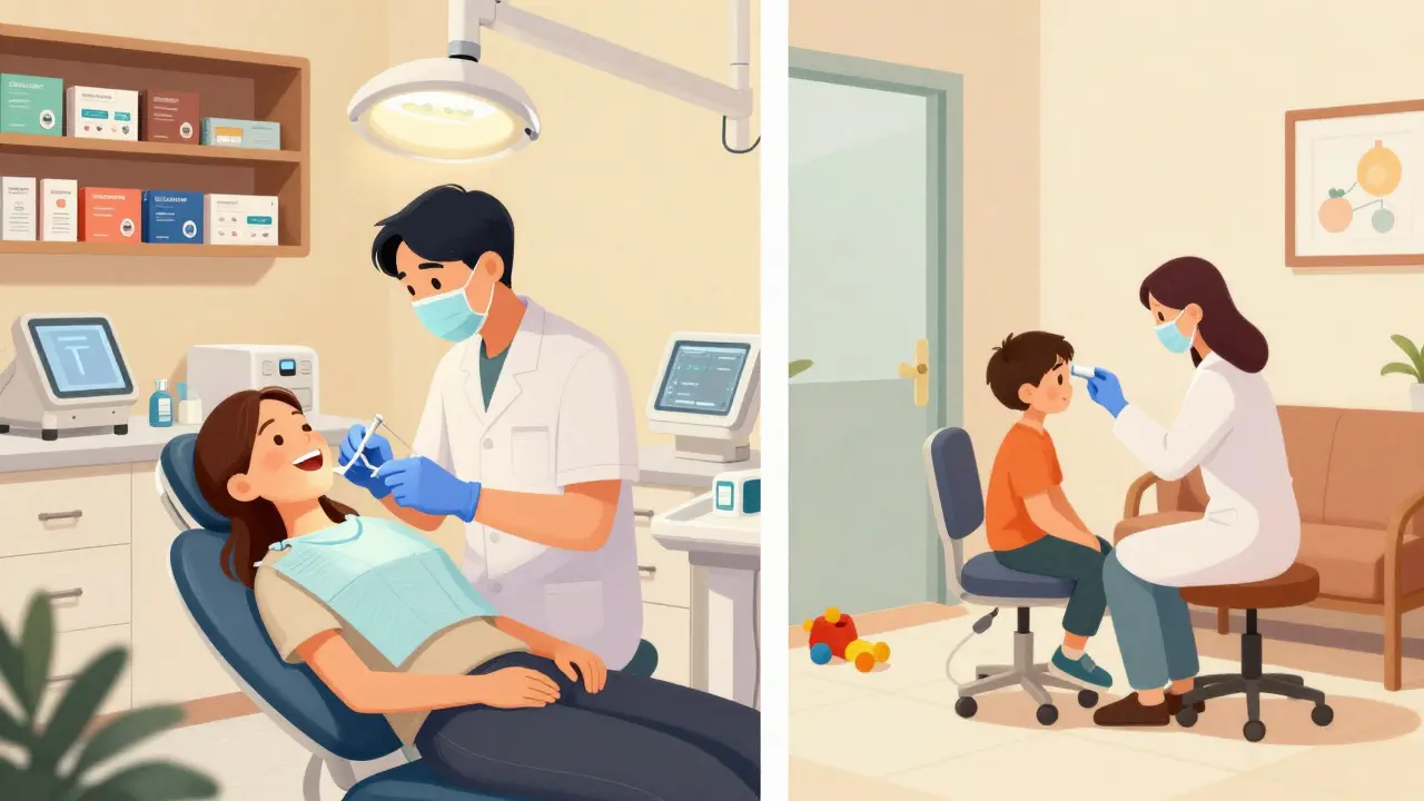 Dva různé typy klinik: zubní ordinace s estetickými zákroky a dětský kabinet s mírnějším prostředím.