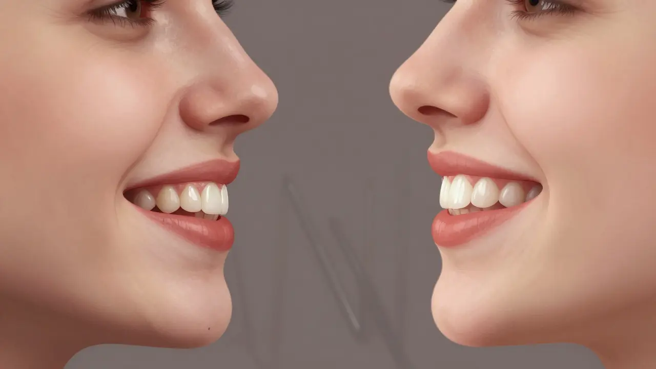 Dva vedle sebe zobrazované úsměvy: před a po aplikaci zubních fazet.