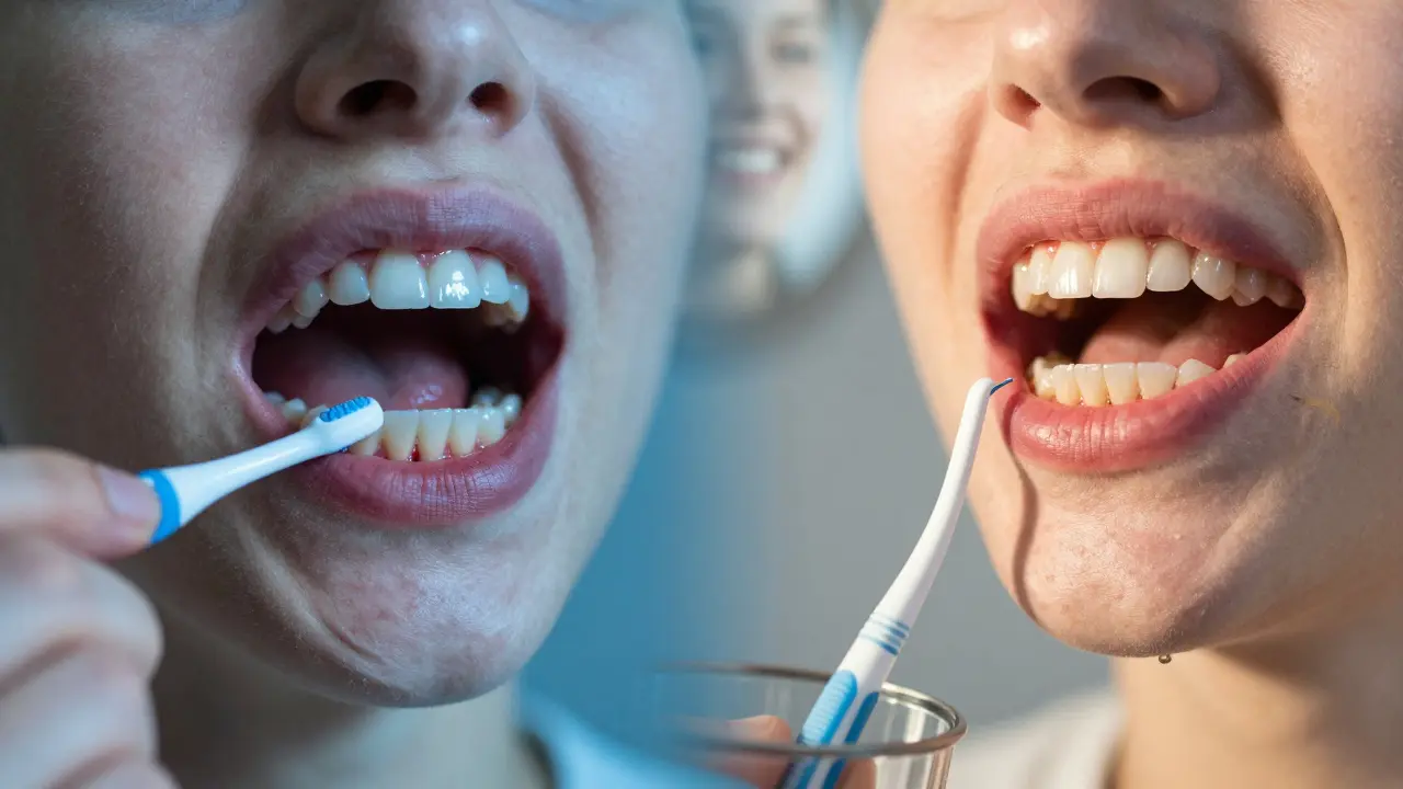 Dvě strany jedné osoby: zdravé a nemocné dásně v porovnání.