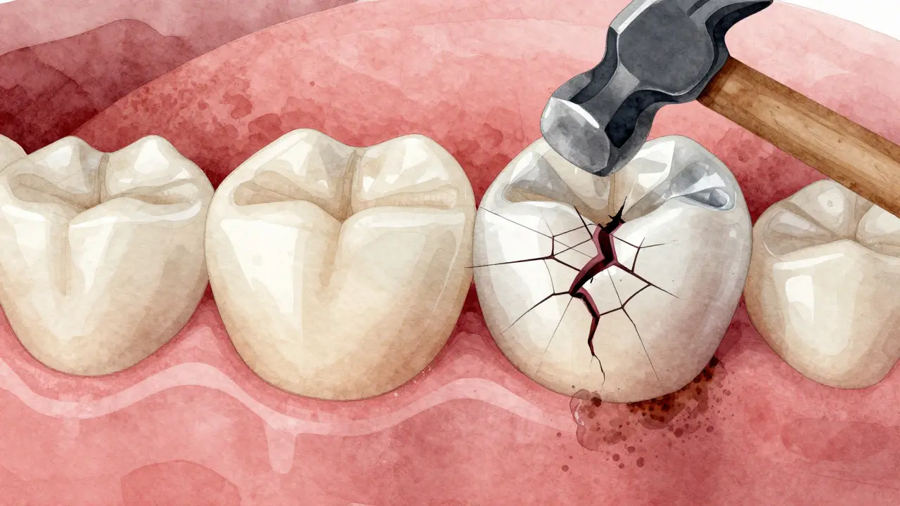 Ilustrace zubu s korunkou, která se rozpadá pod tlakem škrábaní zubů a plaku.