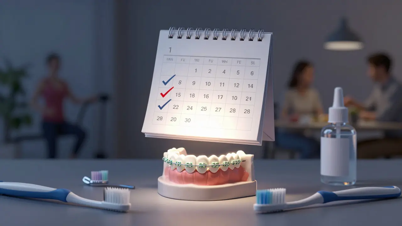 Kalendář s jen třemi návštěvami u zubního hygienistky během roku s keramickými rovnátky.