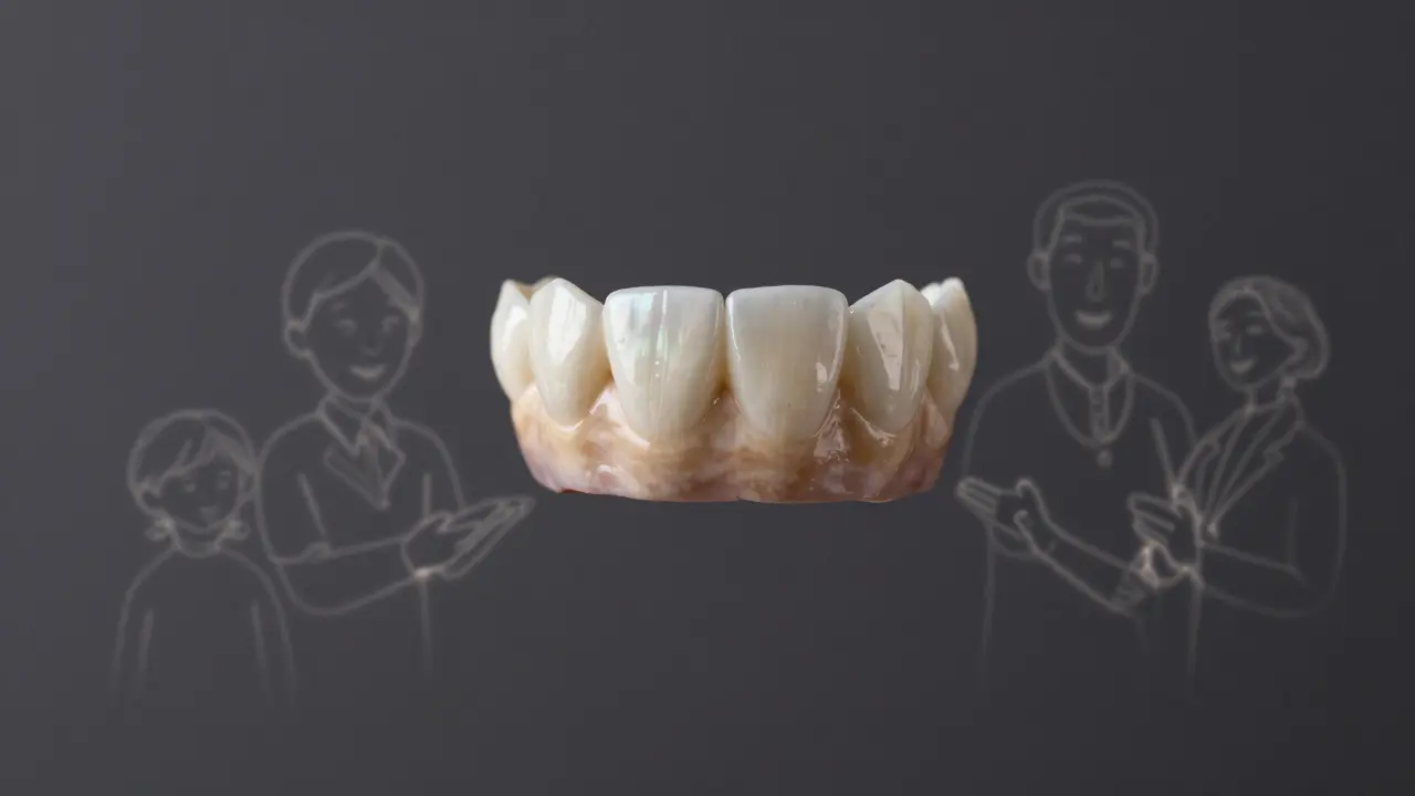 Keramická zubní fazeta ve vzduchu, odrazující světlo, kolem ní vznikají obrazy šťastných lidí.