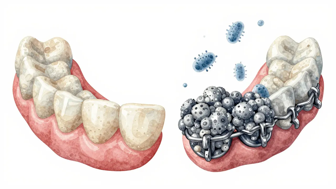 Keramické a kovové rovnátka vedle sebe s viditelným rozdílem v ukládání plaku.