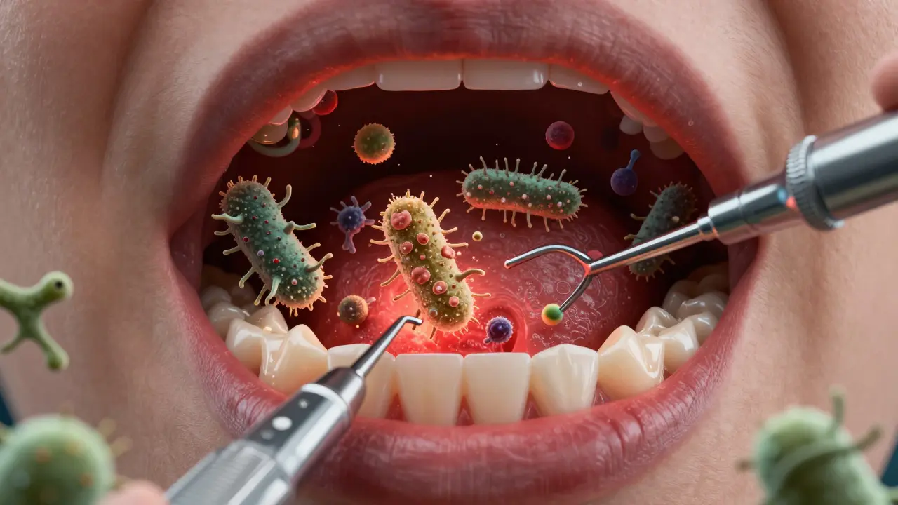 Konceptuální znázornění boje bakterií a léčby parodontózy v ústní dutině.