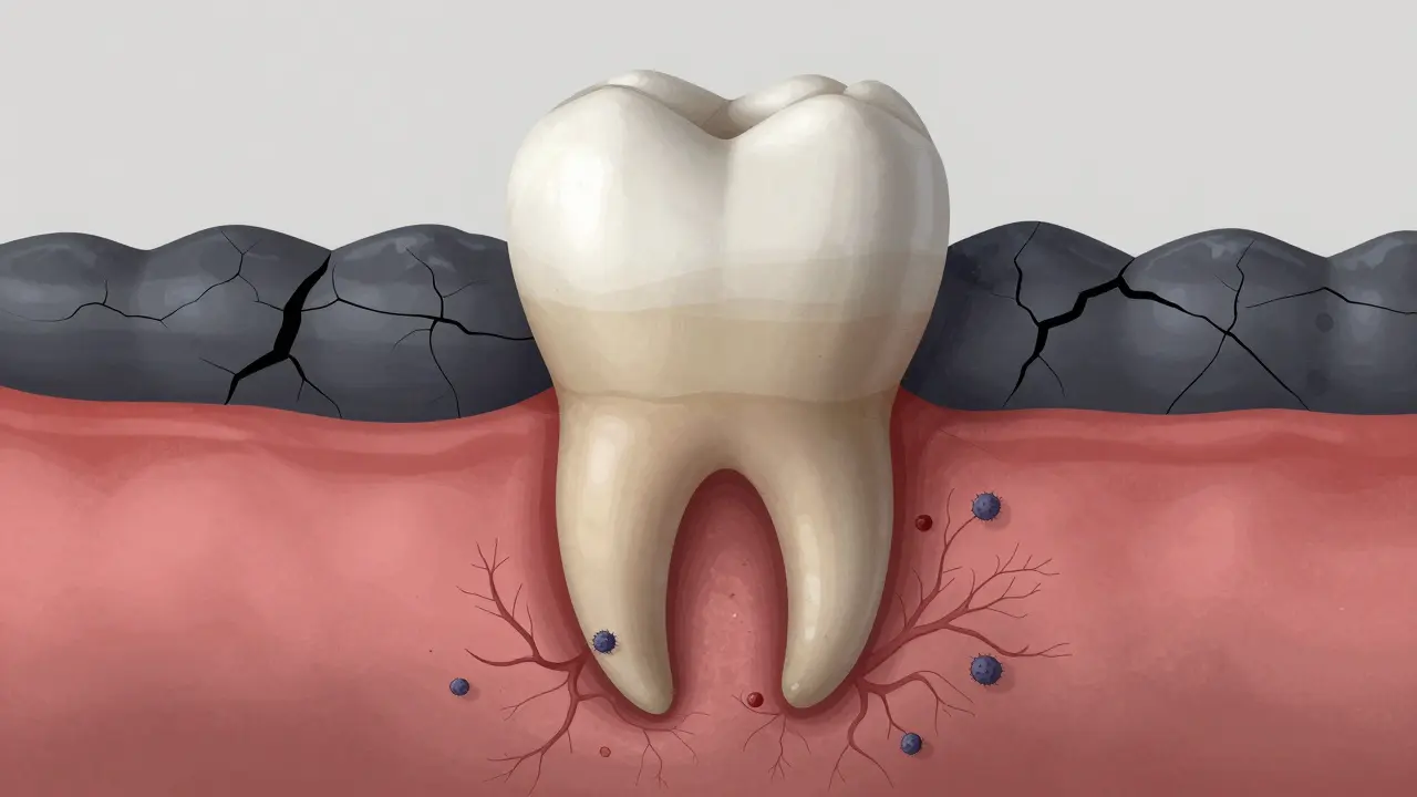 Konceptuální znázornění kamenů a bakterií ničících kost kolem zubu.
