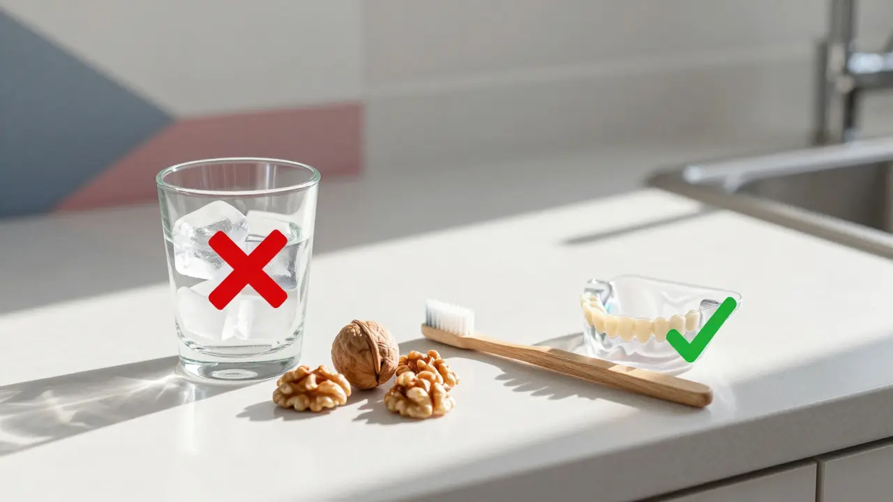 Kuchyňský stůl s předměty, které chrání nebo poškozují zubní korunku.