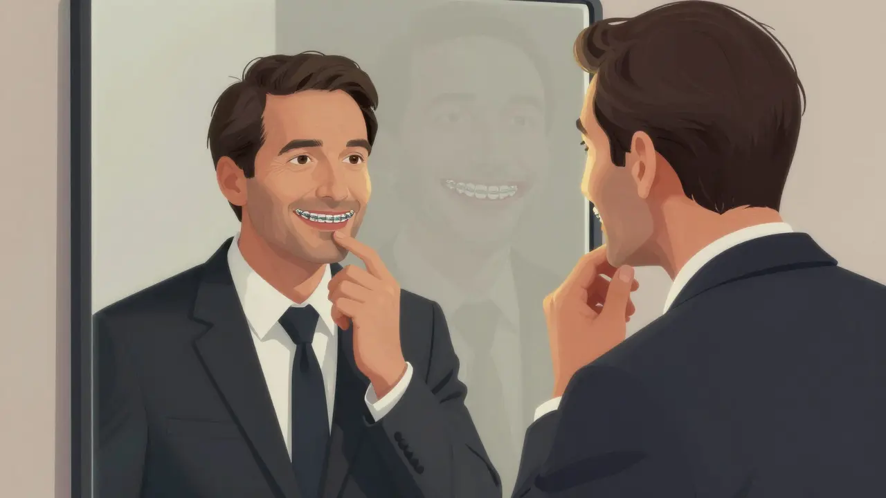 Muž v obleku se dívá do zrcadla a dotýká se keramických rovnátek, jeho nový úsměv se pomalu objevuje.