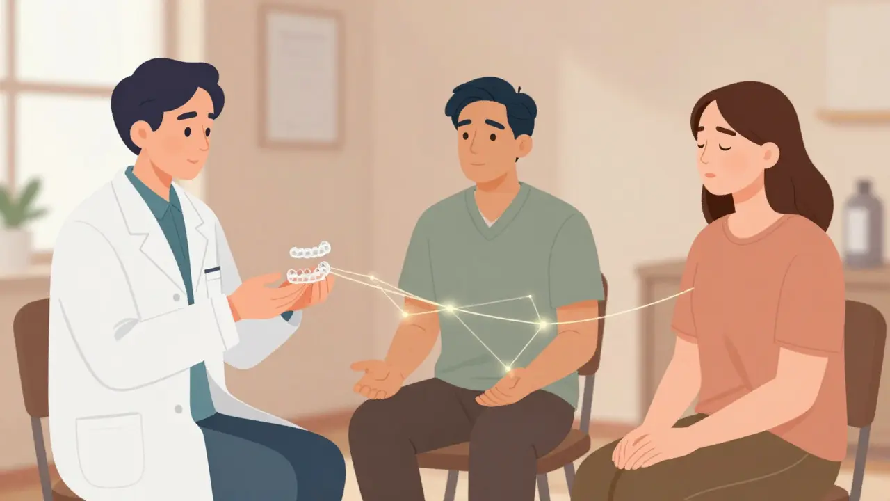 Ortodont, psycholog a pacient sedí spolu v terapeutickém prostředí.