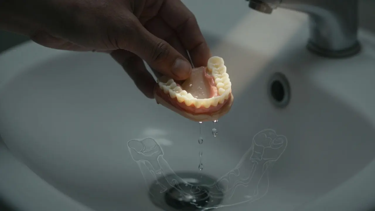 Pohyblivá protéza nad vodou s neviditelnými stíny ztracených zubů.