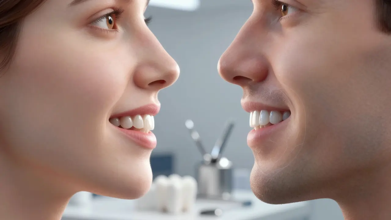 Porovnání mužských a ženských keramických fazet s rozdílnými tvary a odstíny pro přirozený vzhled.