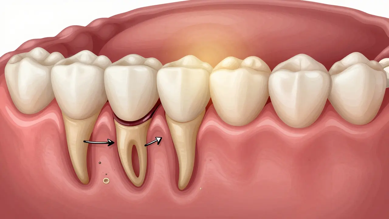 Porovnání zdravé a nemocné dásně s viditelným zubním kamenem a ztrátou kosti.