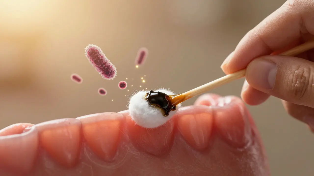 Použití černého čaje na zánětlivé dásně pomocí vatového tamponu.