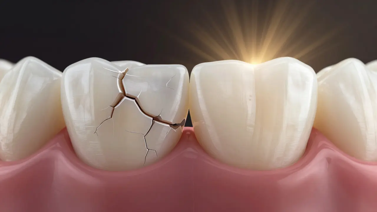 Přechod poškozeného zubu na dokonalou keramickou korunku s jasným zářivým světlem.
