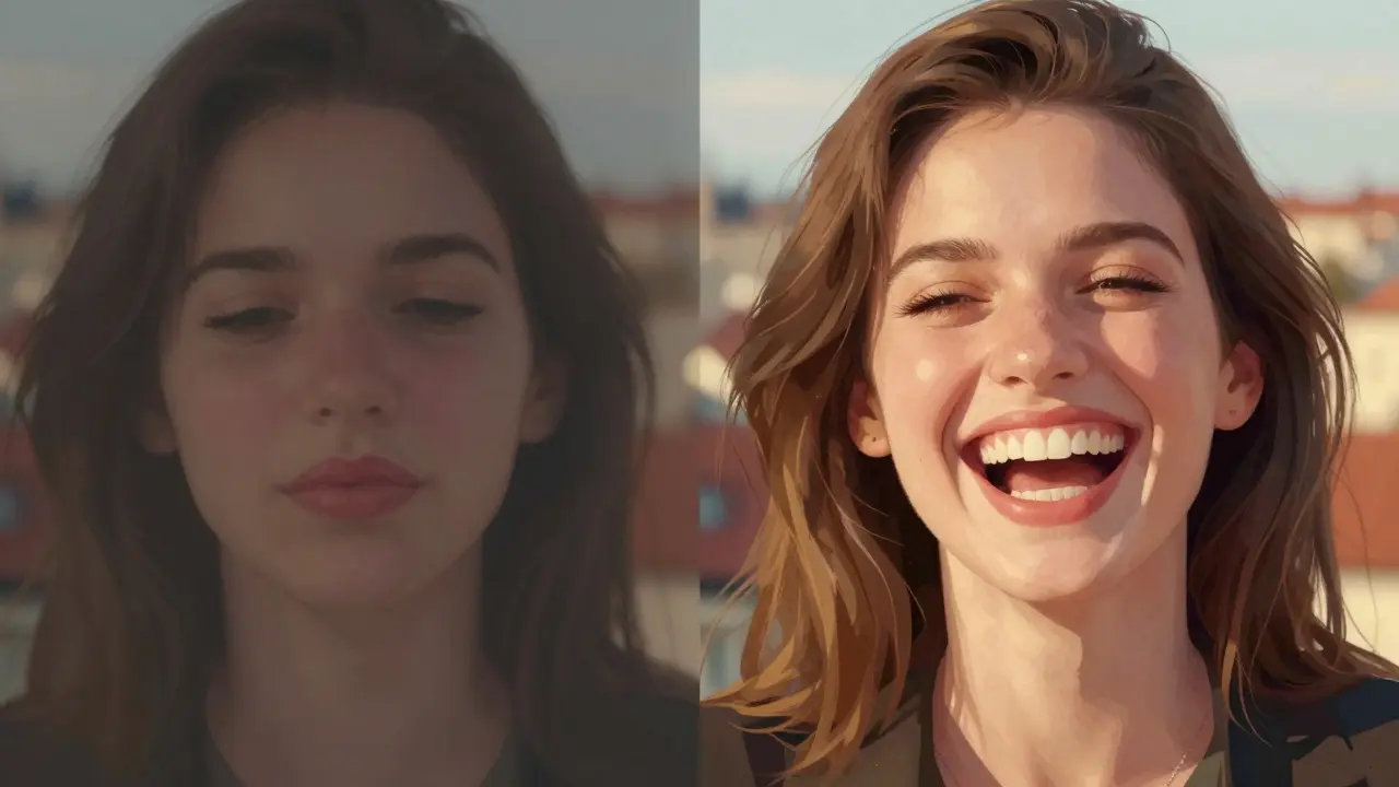 Před a po: jedna strana s uzavřeným úsměvem, druhá s otevřeným, světlým smíchem.