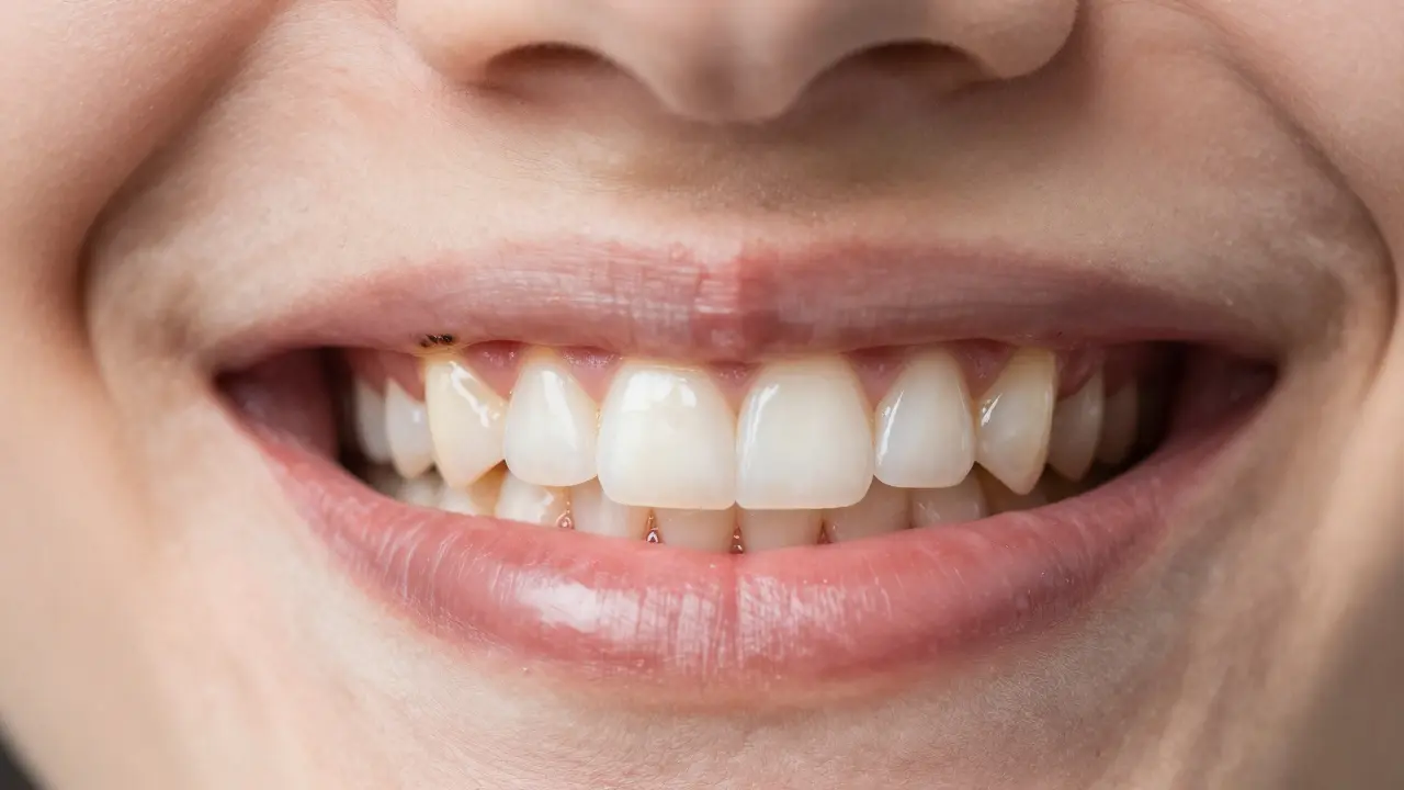 Před a po pískování: tmavé skvrny na zubech přeměněny na čistý, přirozeně bledý povrch.