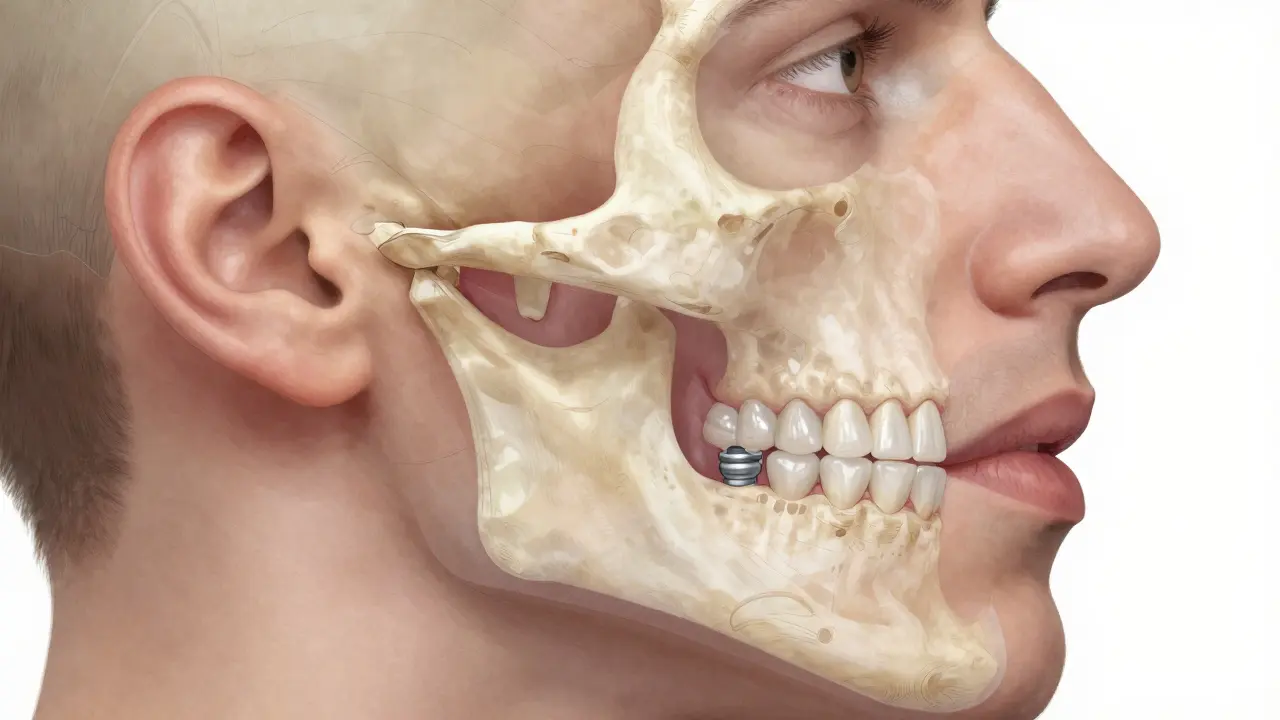 Profily obličeje s porovnáním zdravé a zaniklé čelisti