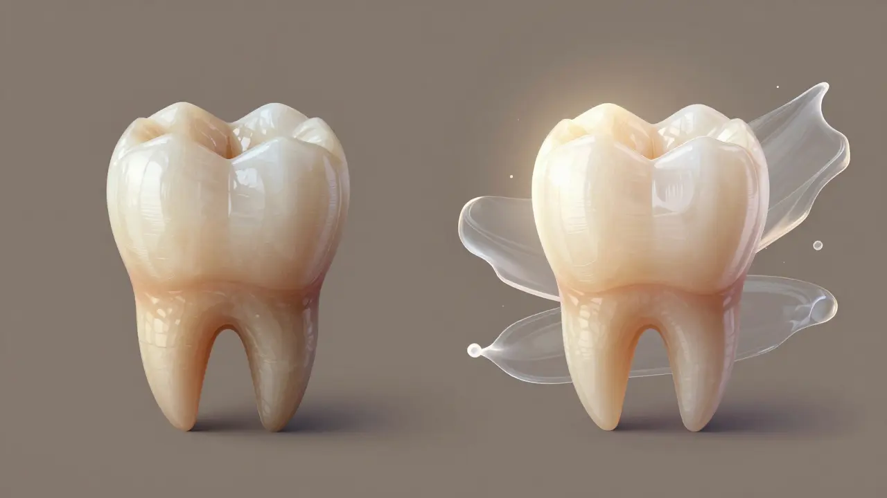 Side-by-side view of a damaged tooth transformed by a natural-looking composite veneer.